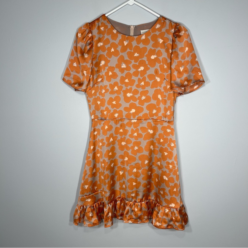 NEW Dress Forum Dress Womens Small Orange Gray Floral Ruffle Hem Puff Sleeve